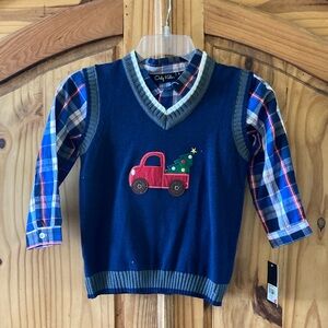 Boys Only Kids Navy Blue Sweater Plaid Shirt Christmas Truck size 6 - NWT